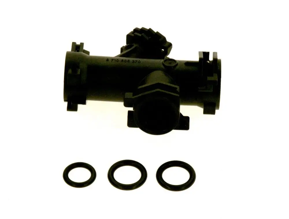 Bosch T-Stück in schwarzem Kunststoff, mit drei gummiartigen Dichtungsringen, zur Verbindung von Rohren. Ideal für Heizungs- und Wasserinstallationen.